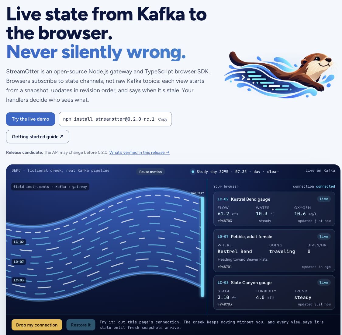 StreamOtter homepage with its otter illustration, flowing river graphic, live data panels and Drop my connection control